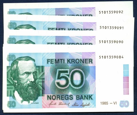 9 stk. 50 kr 1985 kv 0/01 i nummer rekkefølge